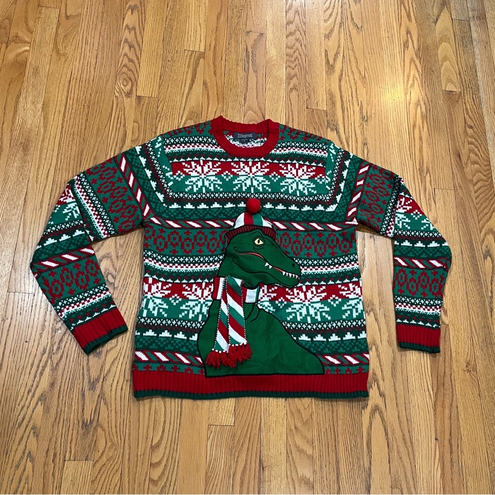 33 Degrees Santa Velociraptor Dinosaur Ugly Christmas Sweater Size L Holiday